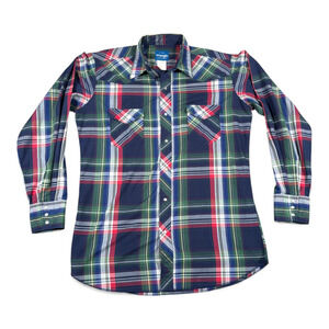 Vintage Wrangler Western Shirt Adult LARGE TALL Blue Green Plaid Pearl Snap 90s